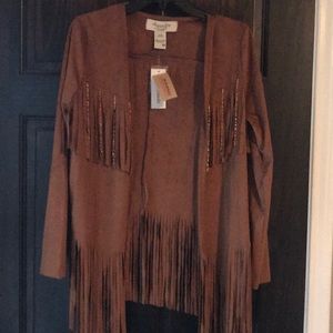 Faux Suede Fringe Jacket with Beading